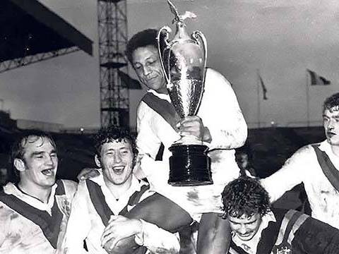 Captain Clive Sullivan is held aloft by his Great Britain teammates having won the 1972 Rugby League World Cup.